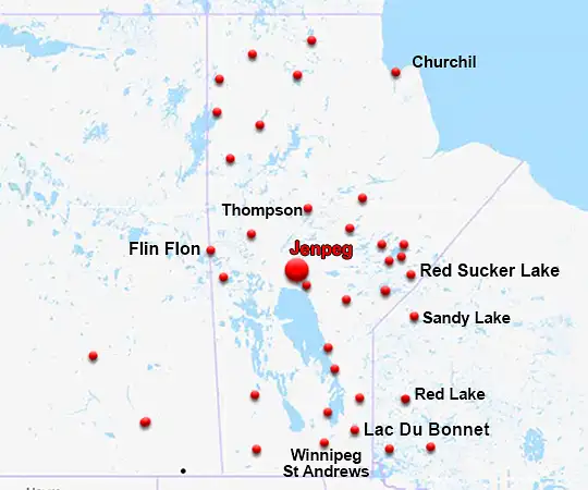 Map showing the location of Jenpeg in Manitoba